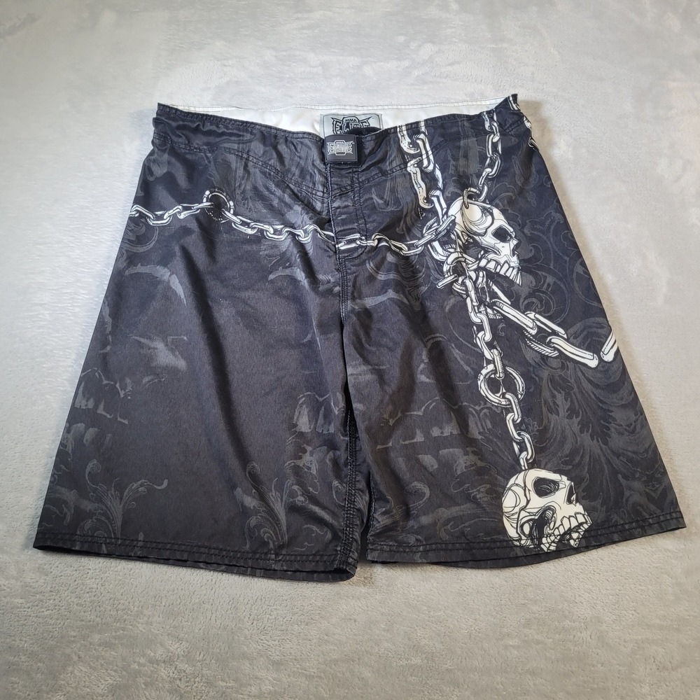 MMA Elite Board Shorts Men 40 Black Skull Chain Graphic MMA Fight Trunks
